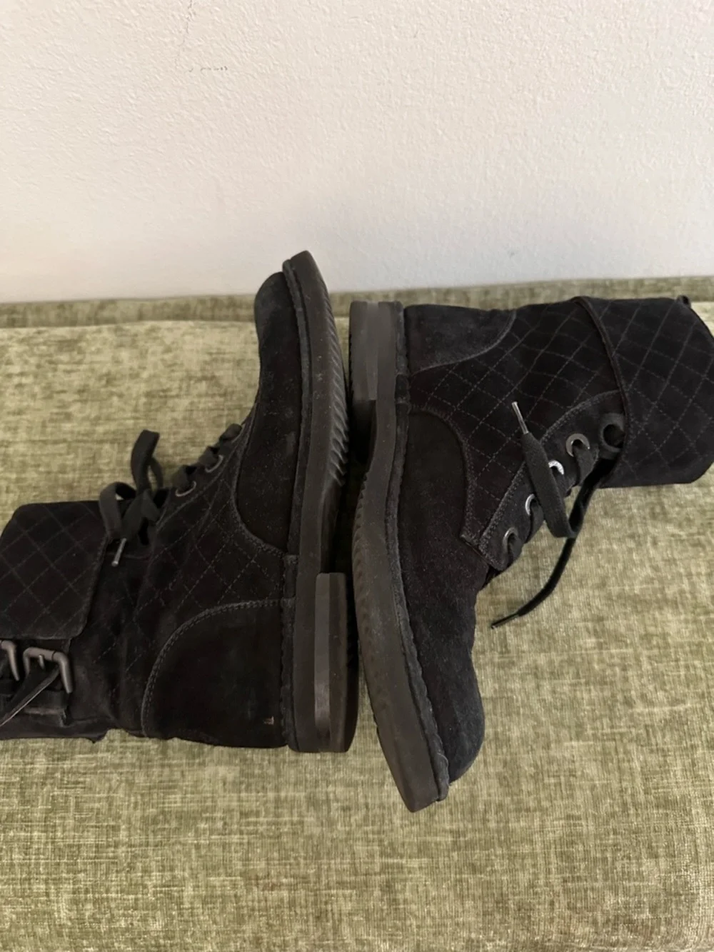 CHANEL Quilted Black Suede Lace Up Combat Flat Moto Short Boots Shoes size 37.5